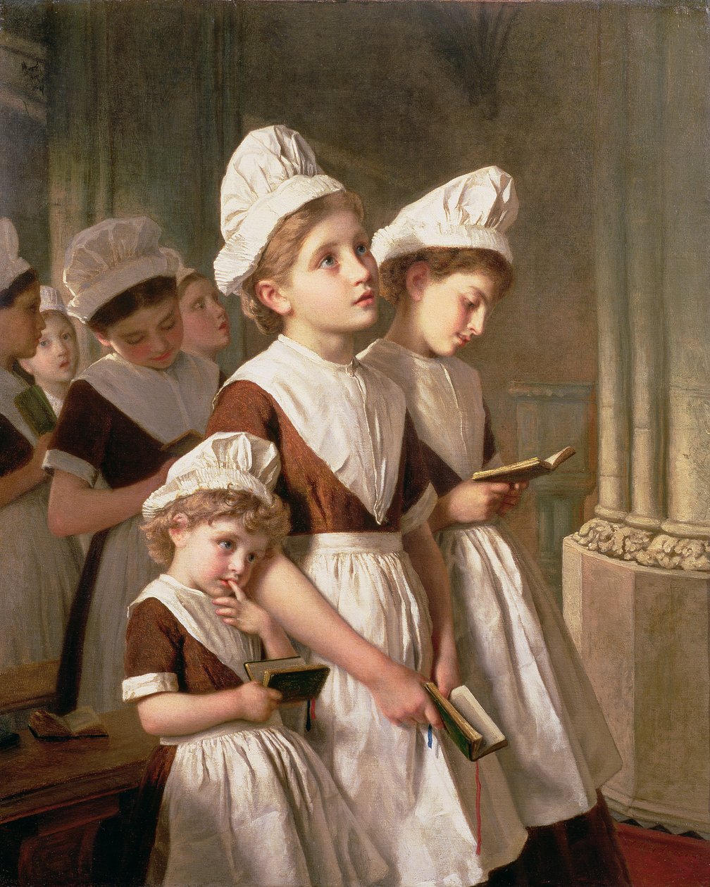 Barnflickor i bön i kapellet, ca 1877 av Sophie Gengembre Anderson