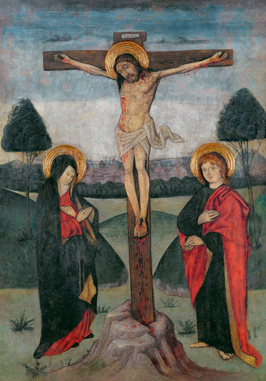 Kristus på korset mellan Jungfrun och Johannes (tempera på panelen) av Spanish School