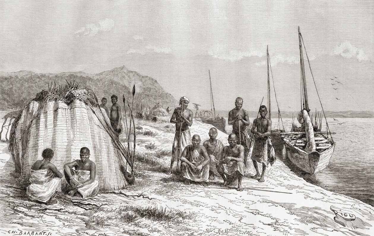 Kongolesiska stammän vid sina båtar på Kongofloden på 1800-talet, från 