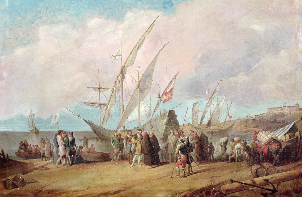 Christopher Columbus (1451-1506) avgång från Palos av Spanish School
