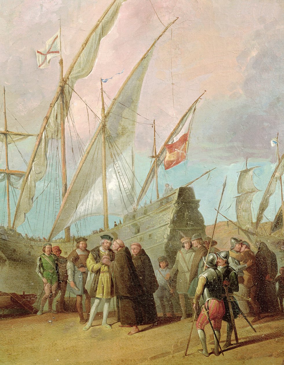 Christopher Columbus (1451-1506) avgång från Palos, detalj om den centrala gruppen (se även 161069) av Spanish School
