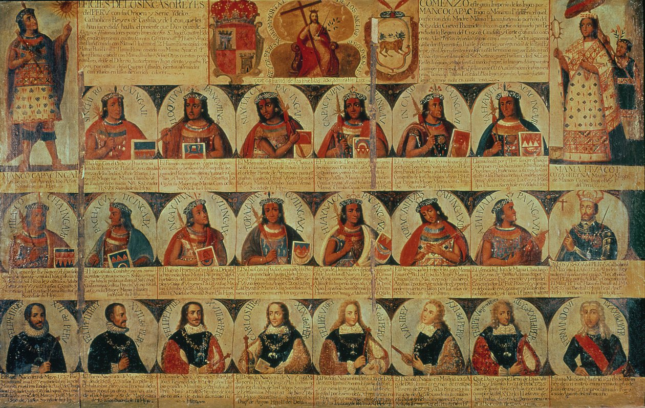 Släktforskning över inkahärskarna och deras spanska efterträdare från Manco Capac, den första inkakungen, till Ferdinand VI av Spanien, ca 1750 (panel) av Spanish School