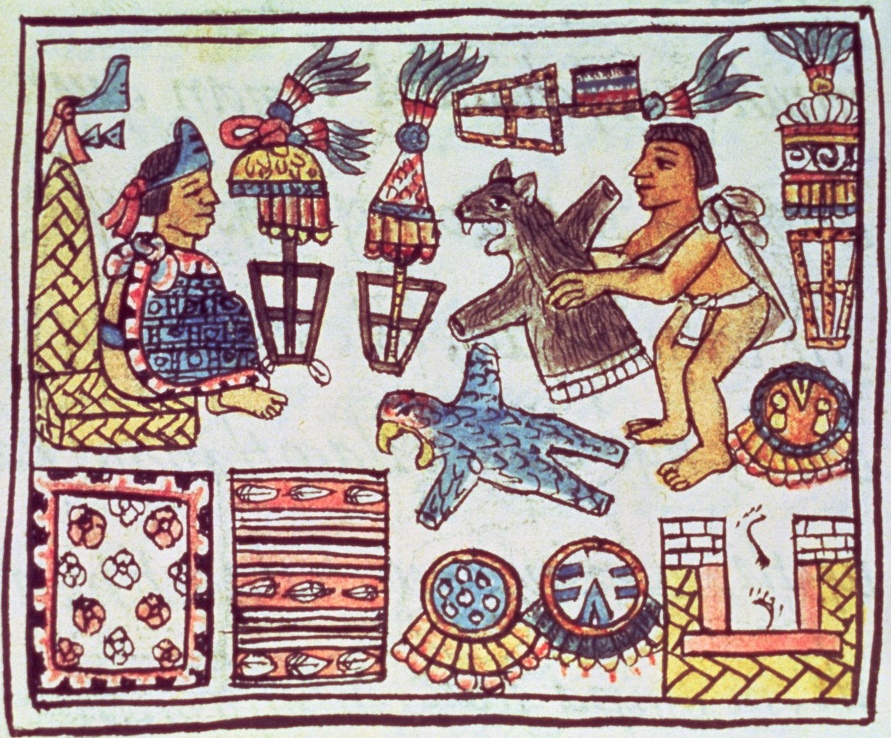 Fru Palat. 218-220 Bok IX Montezuma II (1466-1520) tar emot hyllningar, från "Florentinska Codex" av Bernardino de Sahagun, ca 1540-85 av Spanish School