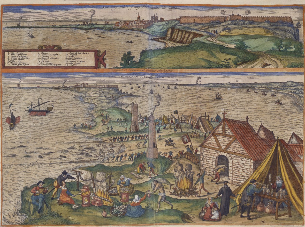 Utsikt över Cádiz (handkolorerat gravyr) av Spanish School