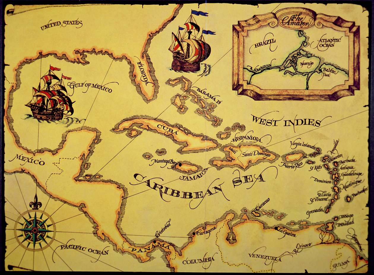 Karta över den spanska Main (färg litho) av Spanish School