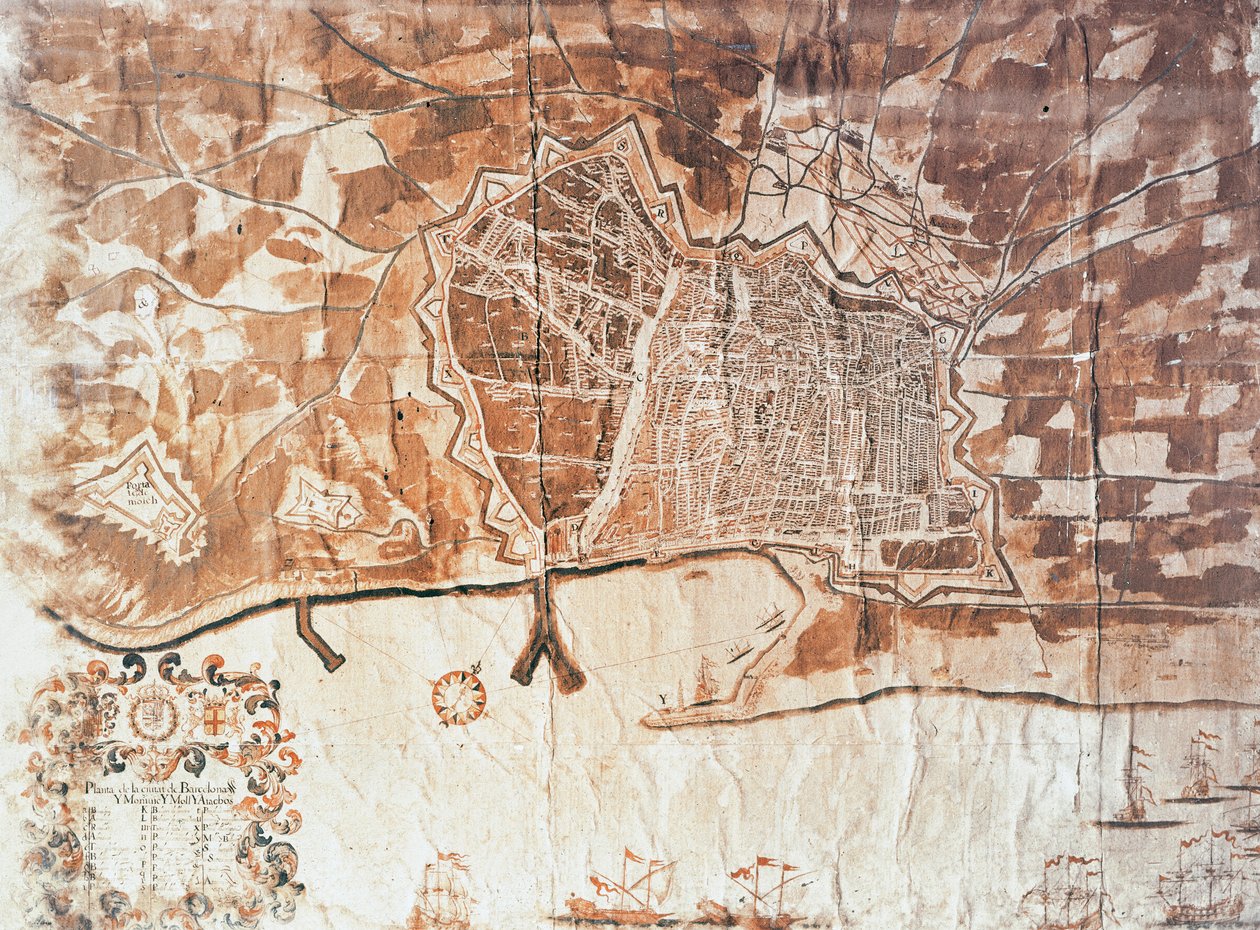 Karta över staden Barcelona, 1697 av Spanish School