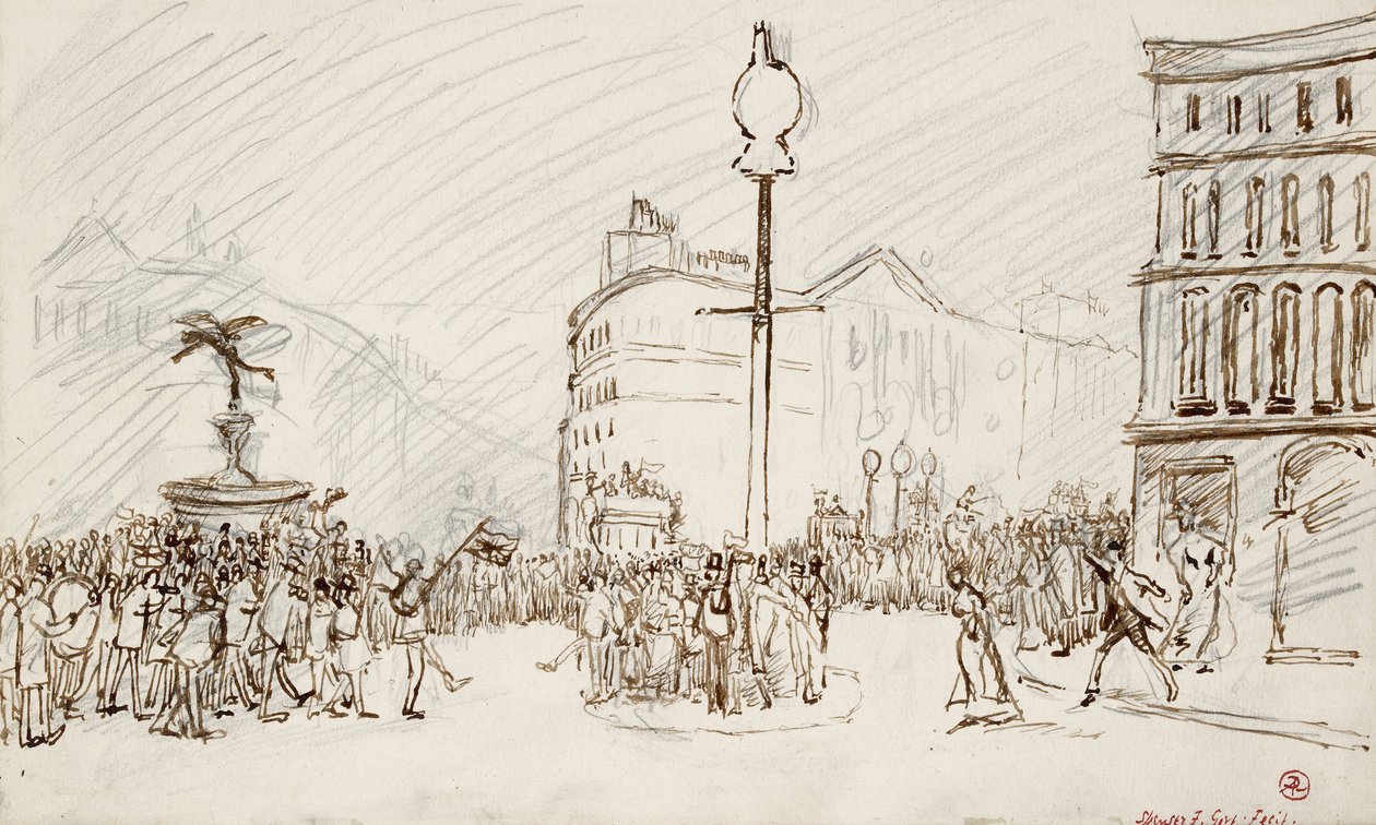 Street Scene - Piccadilly Circus (penna, brunt bläck och grafit) av Spencer Frederick Gore