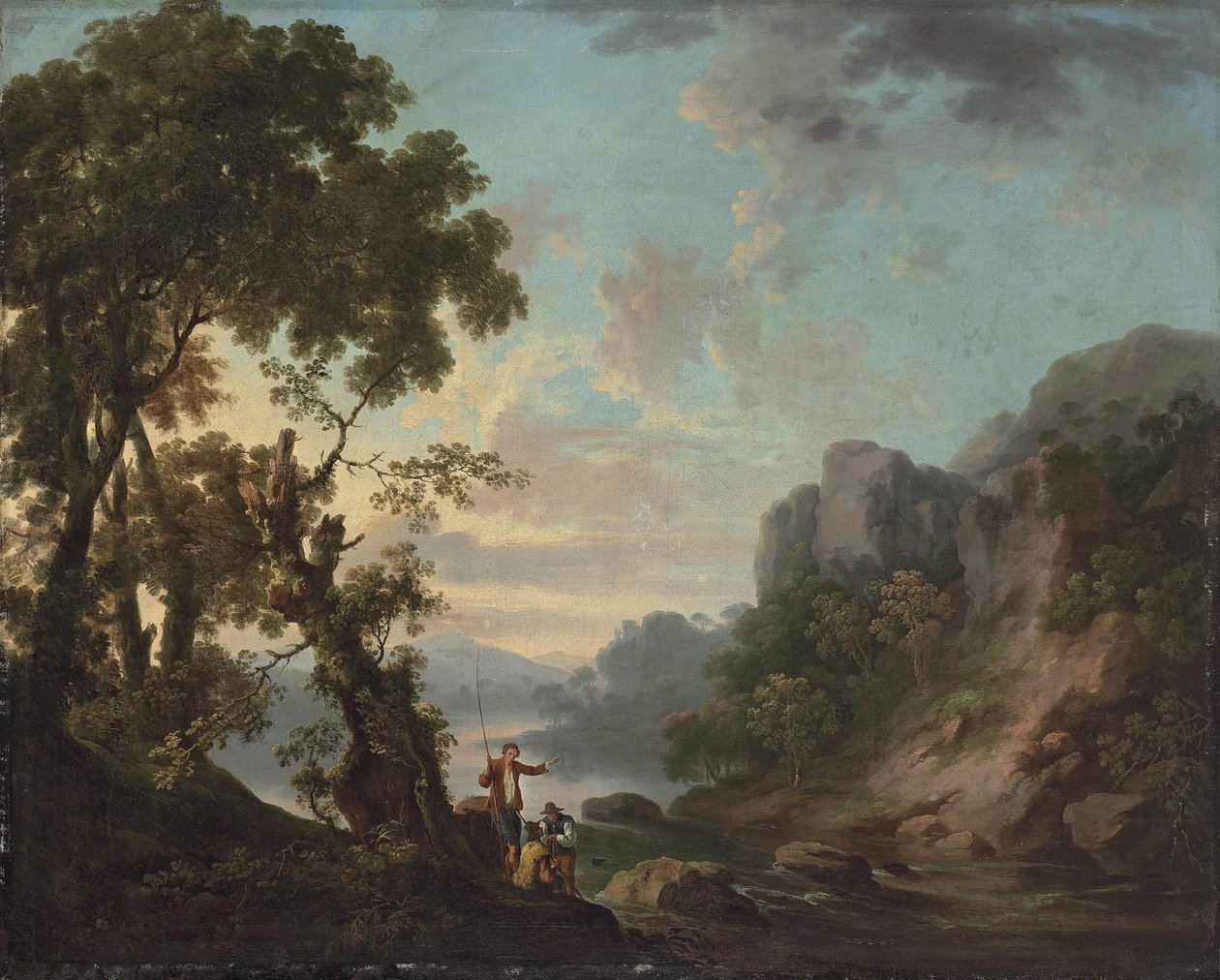 Trädbevuxen landskap med en sjö, fiskare i förgrunden av George the Elder Barret