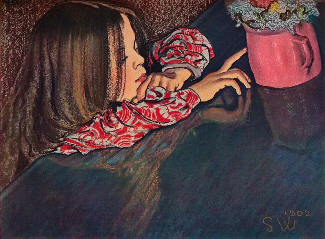 Flicka som tittar på en blomstervas, 1902 av Stanislaw Wyspianski