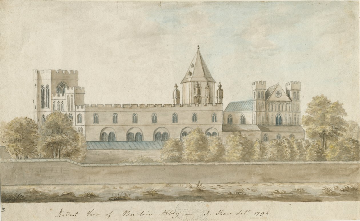 Burton-upon-Trent Abbey: akvarellmålning, 1794 av Stebbing Shaw