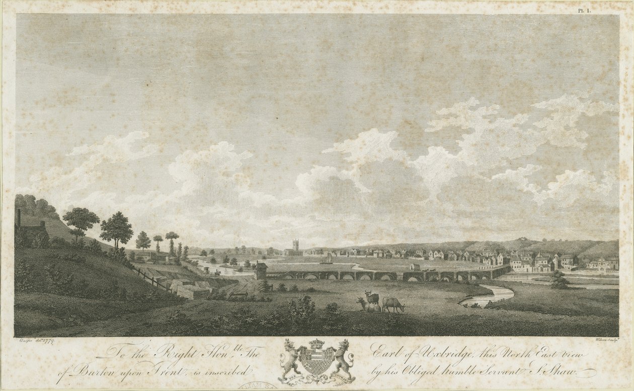 Burton-upon-Trent Bridge and Town: gravyr, 1779 av Stebbing Shaw