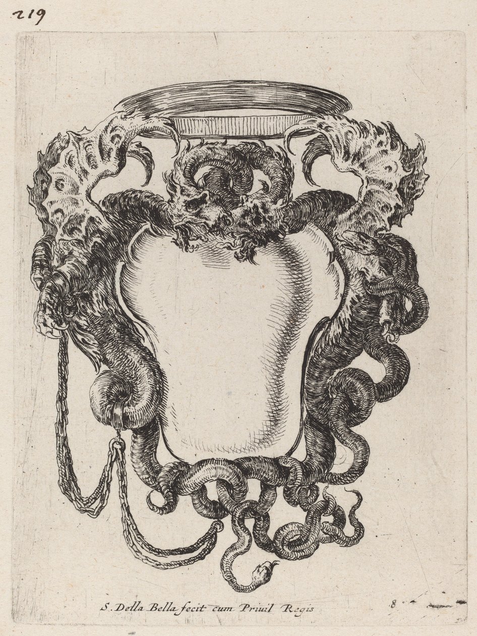 Kartusch flankerad av drakar, 1647. av Stefano della Bella