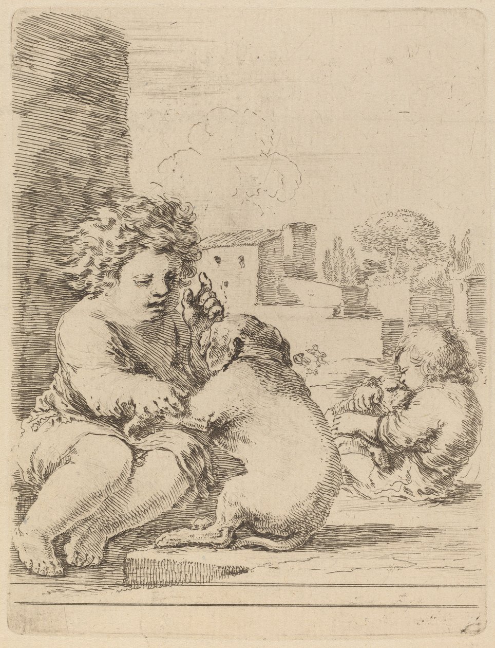 Barn som leker med en hund. av Stefano della Bella