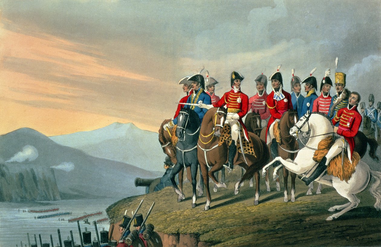 Hertigen av Wellington och hans stab korsar Bidassoa och går in i Frankrike, 1813, graverad av Matthew Dubourg (fl.1813-20) från Historiska, Militära och sjöanekdoter, pub. av Edward Orme (1774-c. av Hyacinthe Francois Rigaud