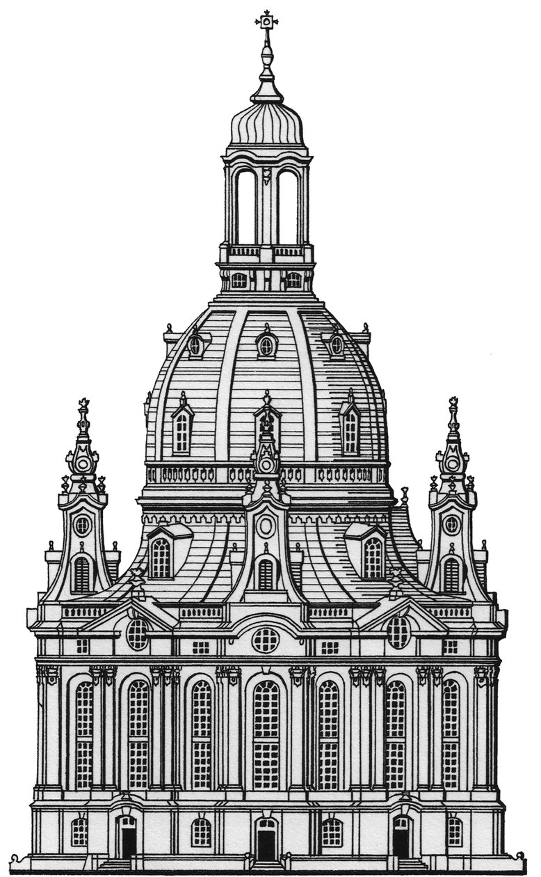 Frauenkirche, Dresden, ca 1730-2023 (tecknad 1994) (tusch) av Stephen Conlin
