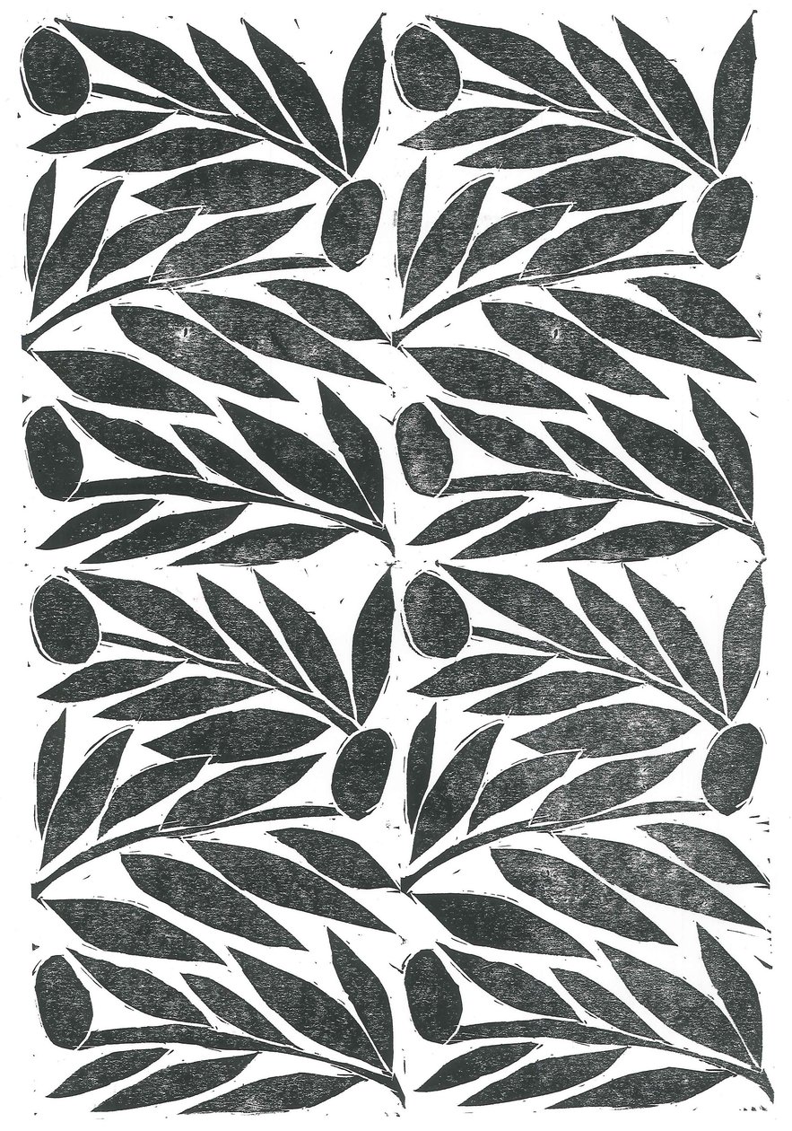Olive Branches, 2015 (linoleumsnitt på papper) av Stephen Dow