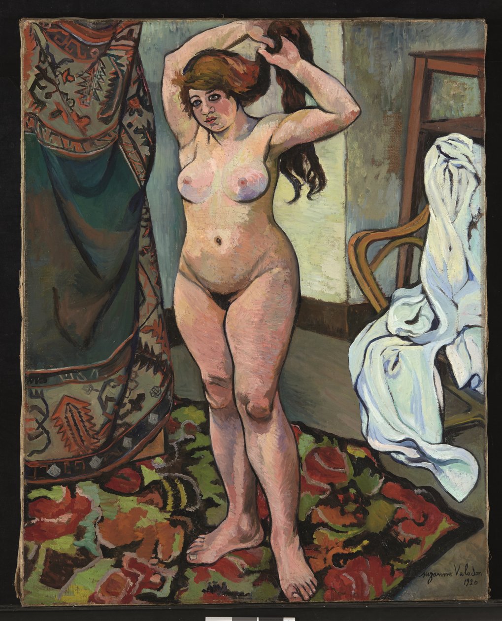 Nakna Gilberte gör hennes hår av Suzanne Valadon