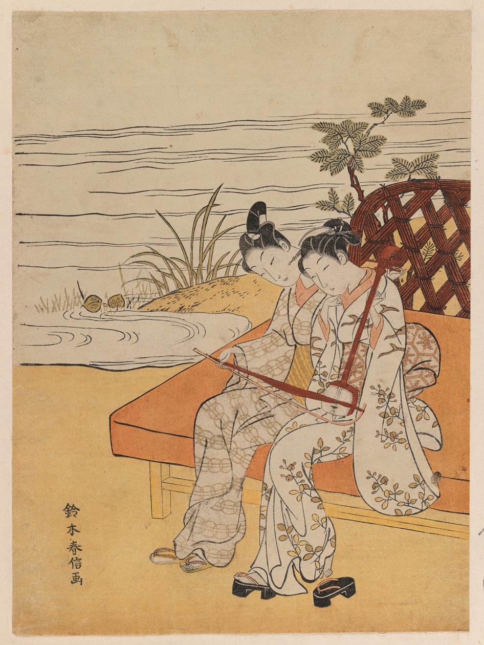 Promenerande Kokyu-spelare, c.1765 (trätryck i färg) av Suzuki Harunobu