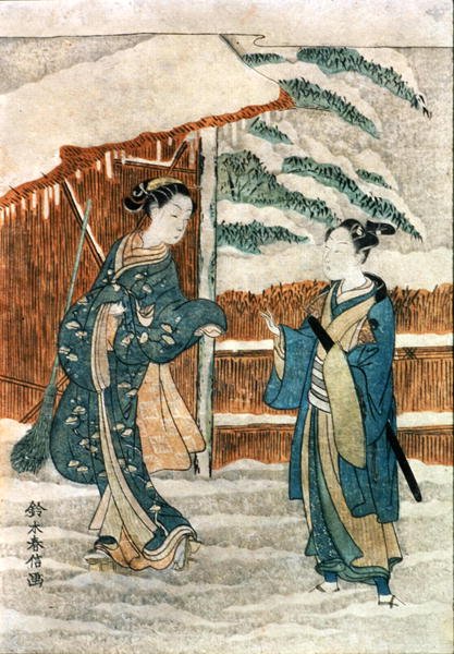 Två damer vid en damm (bläck & gouache på papper) av Suzuki Harunobu