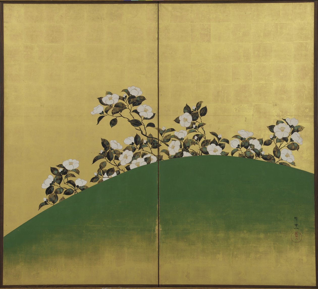 Camelias, Edo period (bläck, färg och guld på papper) av Suzuki Kiitsu