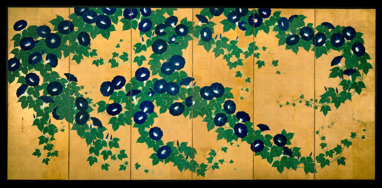 Morning Glories, begyndelsen af det 19. århundrede (blæk, farve og bladguld på papir) swed av Suzuki Kiitsu