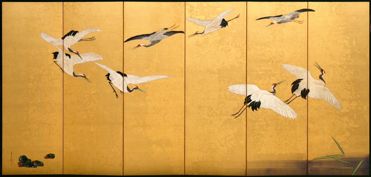 Vass och tranor, Edo-period (färger på förgyllt siden) av Suzuki Kiitsu