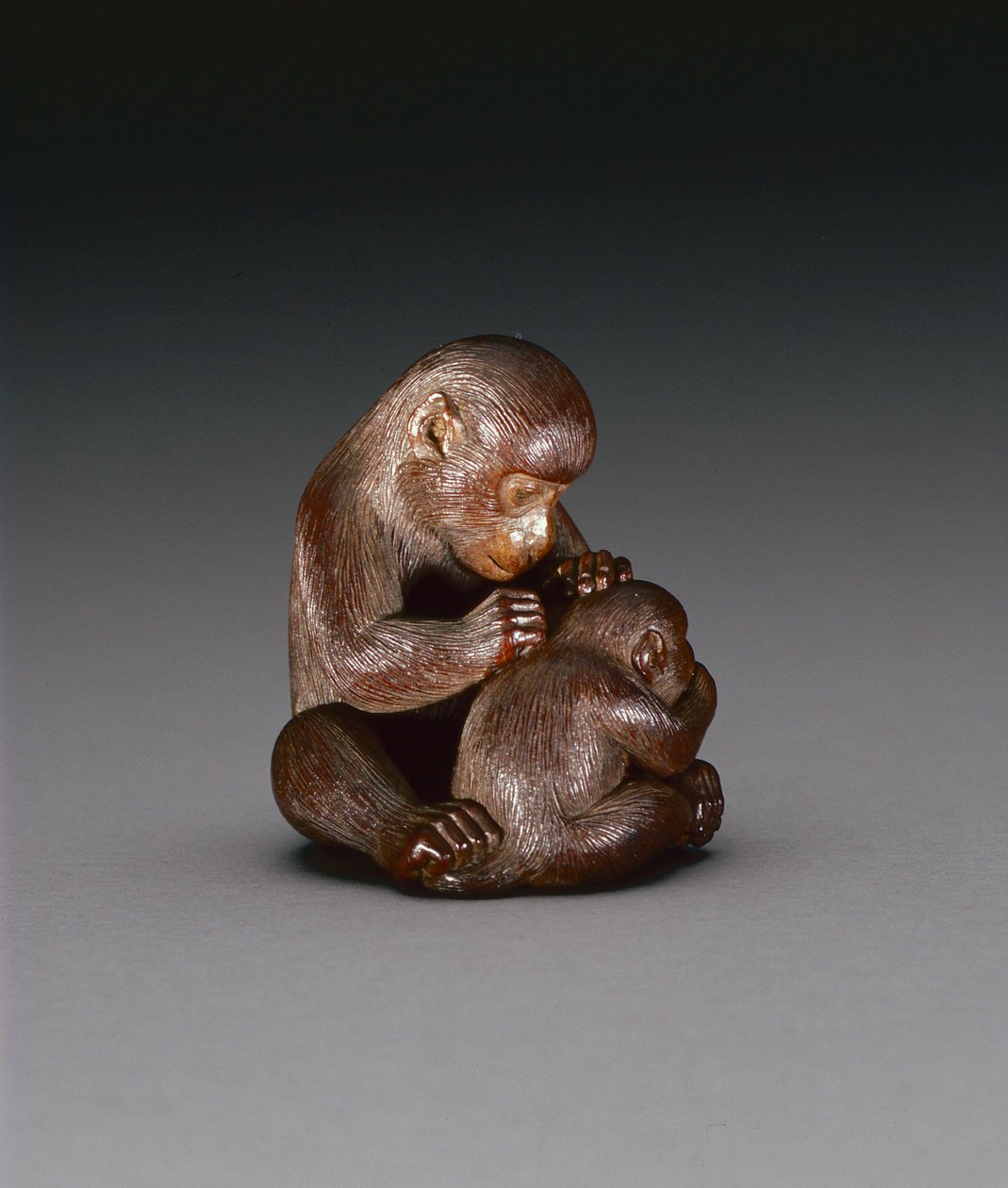 Netsuke föreställande en apamor och hennes son, ca 1880-1900 (trä) (för baksidan se 208393) av Suzuki Tokuku