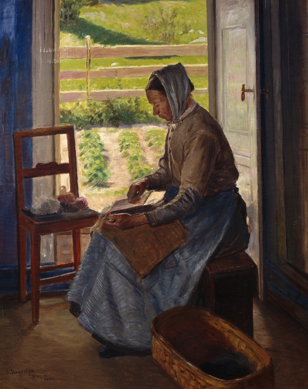 Woman Carding (olja på duk) av Sven Jorgensen