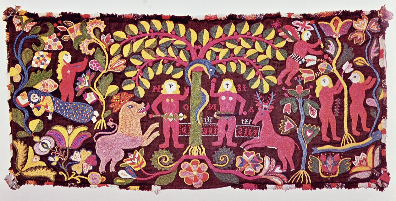 Kuddfodral som visar människans fall, Evas skapelse och utdrivningen av paradiset, från Akarp, Skåne, Sverige, ca 1814 (textil) av Swedish School