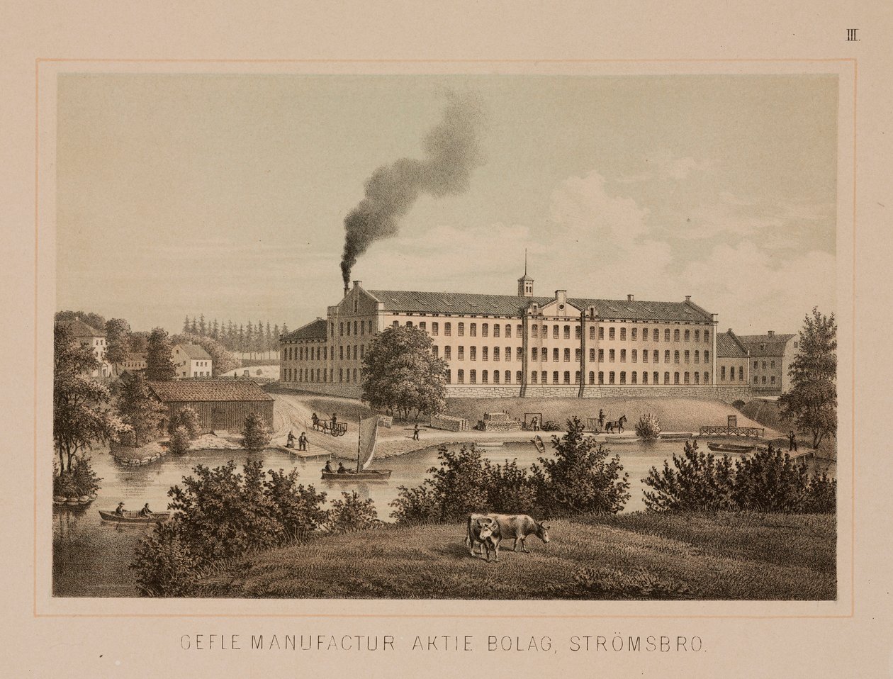 Bomullsbruk, Strömsbro, Sverige, ca 1840 (färg litho) av Swedish School
