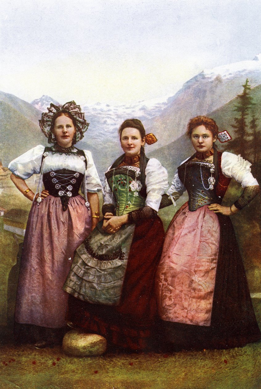 Tre schweiziska flickor, sent 1800-tal av Swiss Photographer