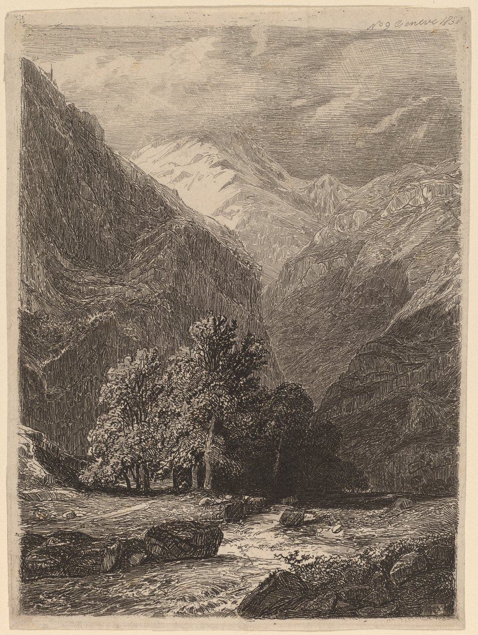 Bergigt landskap av Swiss 19th Century
