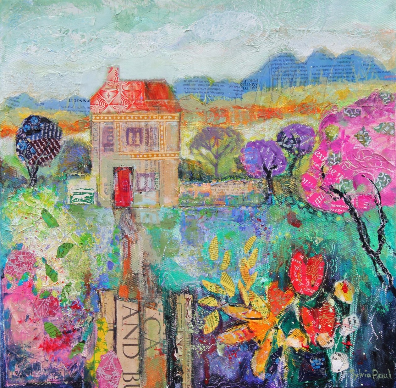 Place in the Country, 2014, akrylpapperscollage av Sylvia Paul