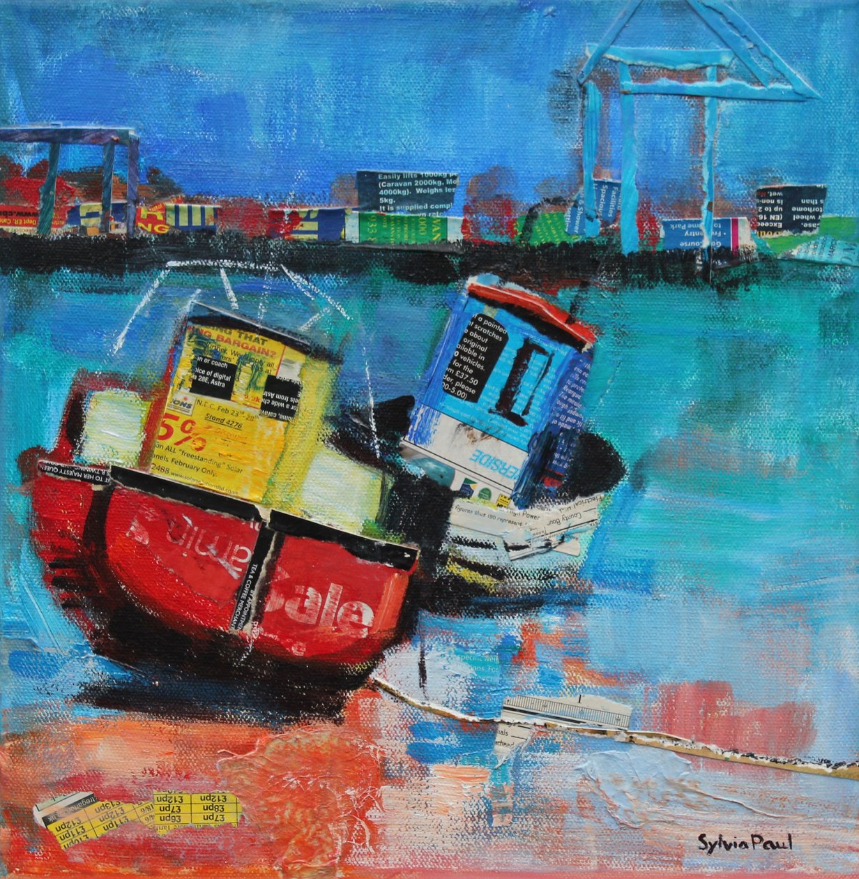 Two Jolly Fishing Boats 2012, akrylpapperscollage av Sylvia Paul
