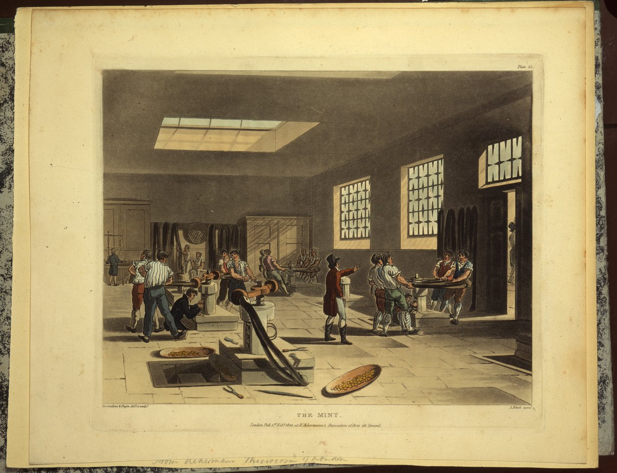Skruvpressar vid det kungliga myntverket i Towern, utgiven av R. Ackerman, 1809 av Pugin and Rowlandson