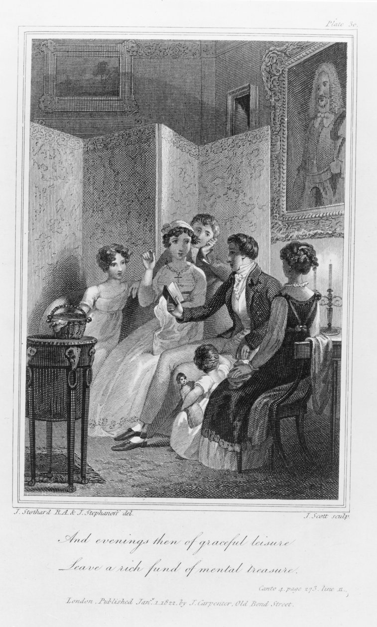 Familjescen - kväll i salongen, från "The Social Day" av Peter Coxe, graverad av J. Scott, publicerad 1822. av T. and Stephanoff, J. Stothard