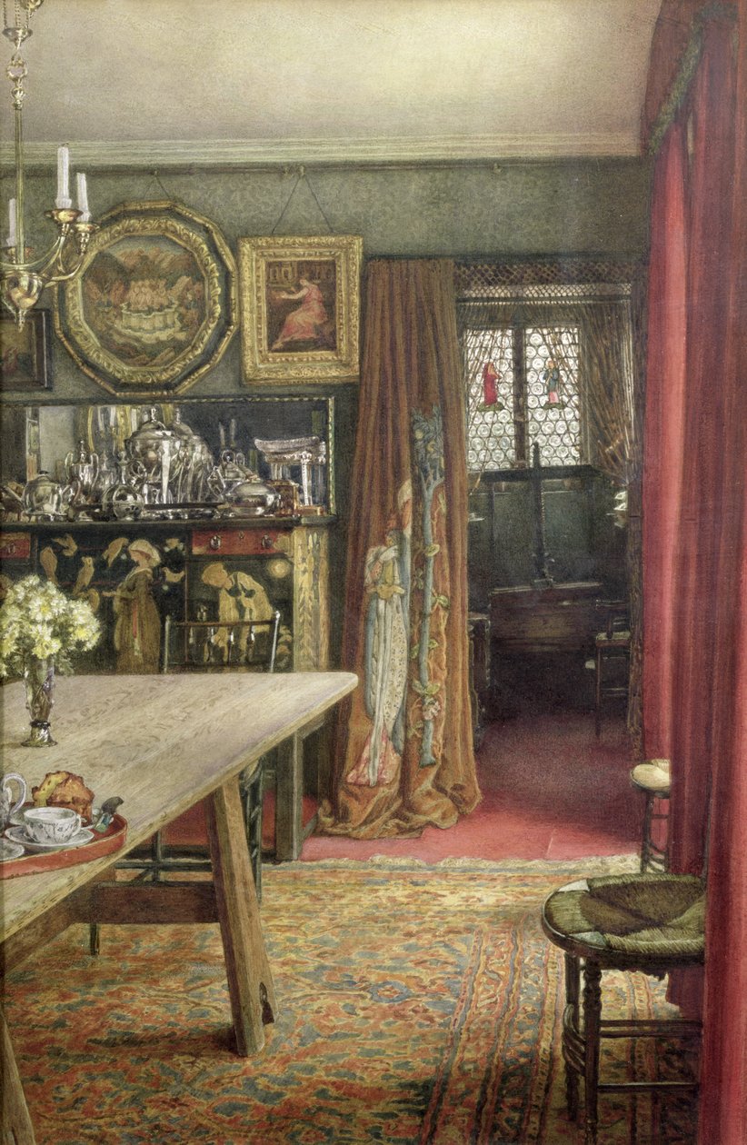 Interiörvy av The Grange, North End Road, Fulham, hem till Edward Burne-Jones (1833-98) (wc på papper) av T. M. Rook