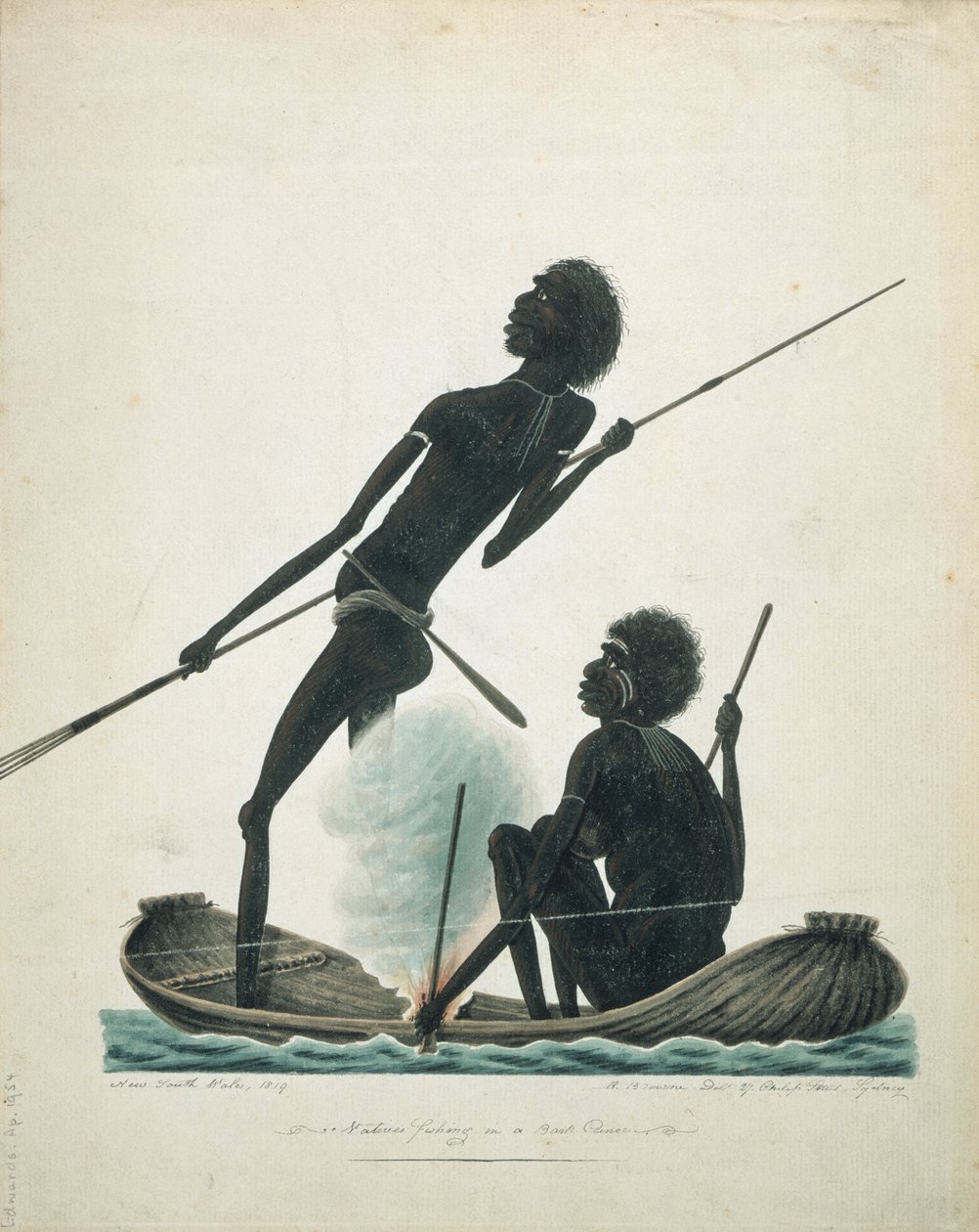 Infödda som fiskar i en barkkanot, 1819 av T.R. Browne