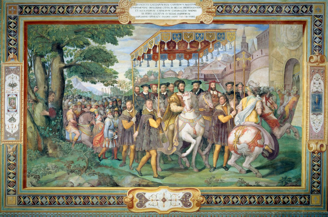 Francis I (1494-1547) och Alessandro Farnese (1546-92) på väg in i Paris 1540, från "Sala dei Fasti Farnese" (Farnesens prakthall) 1557-66 av Federico Zuccaro