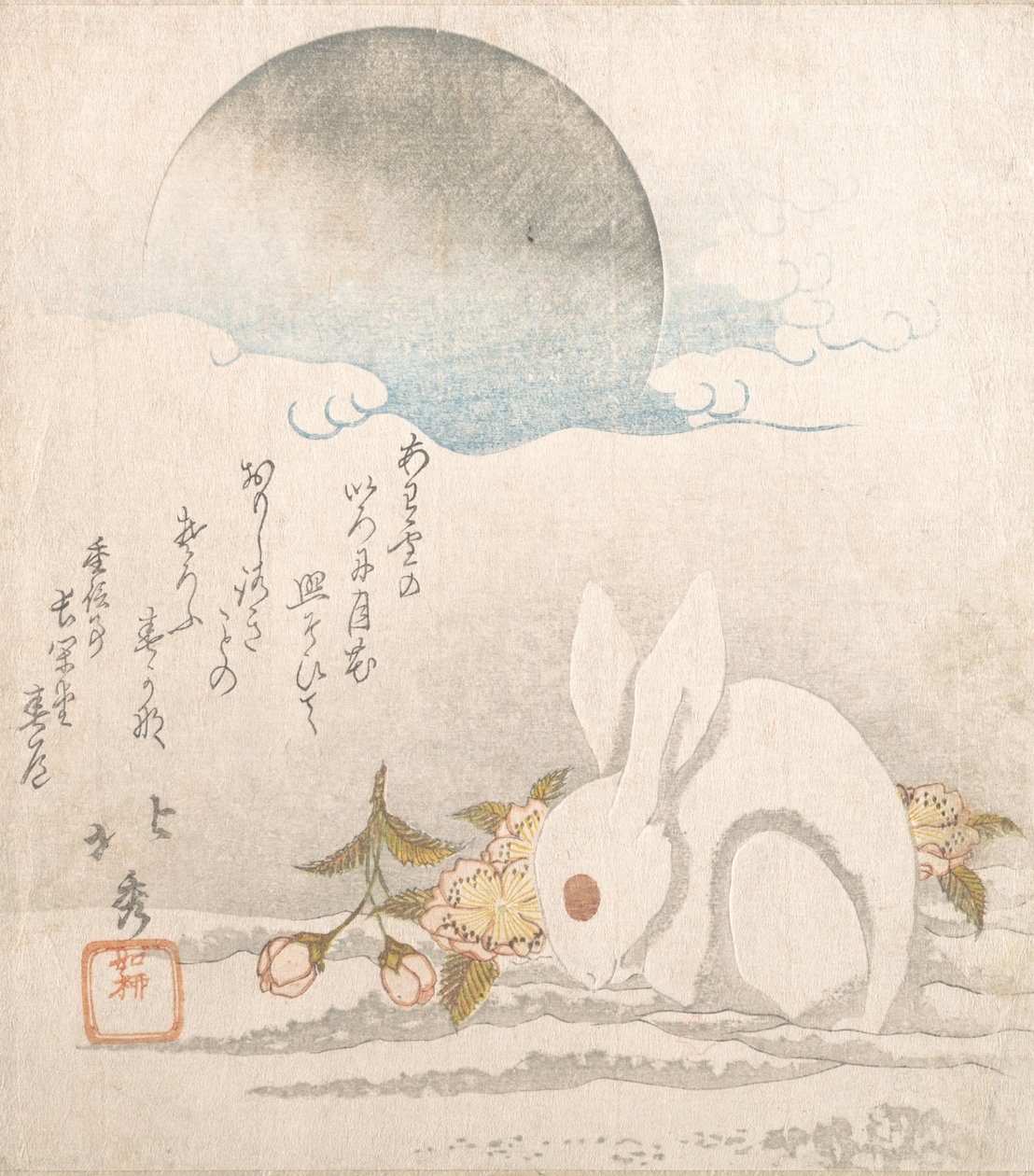 Måne, vit hare i snö, troligen 1819. av Taisosai Hokushu