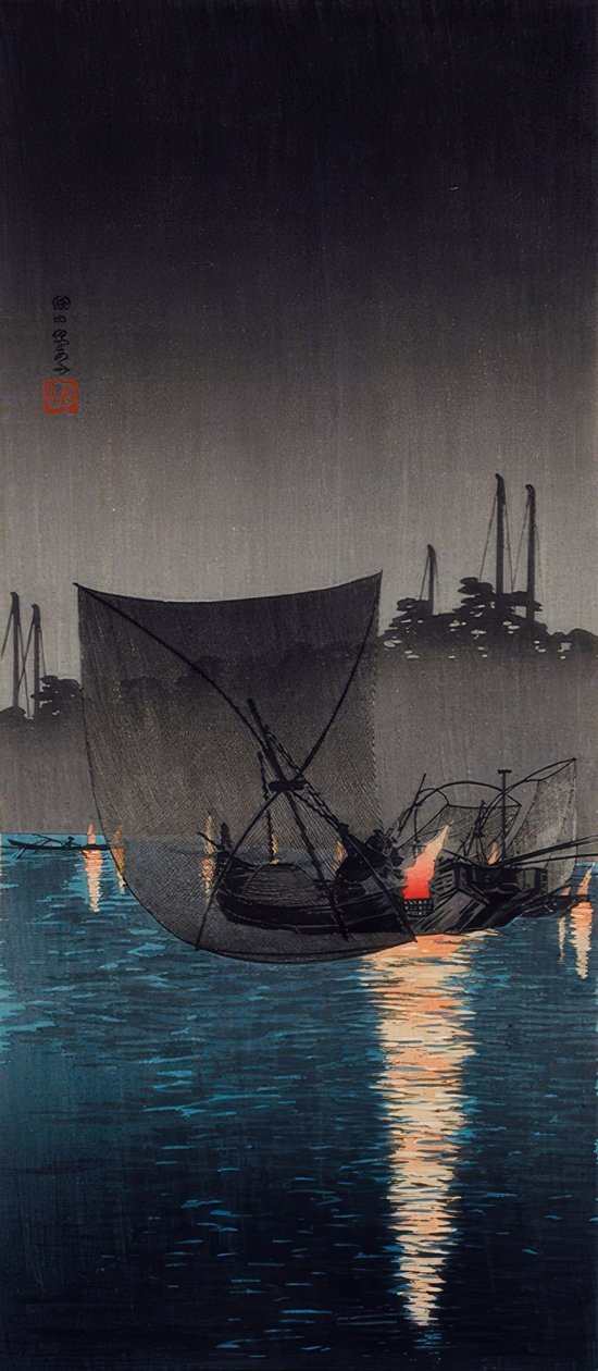 Tsukuda Island, fiskenät på natten av Takahashi Hiroaki