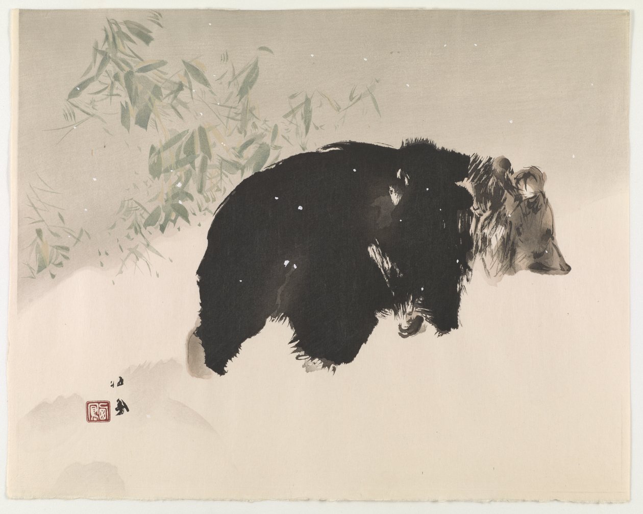 Bear In Snow, 1940 (trätryck i färg) av Takeuchi Seiho