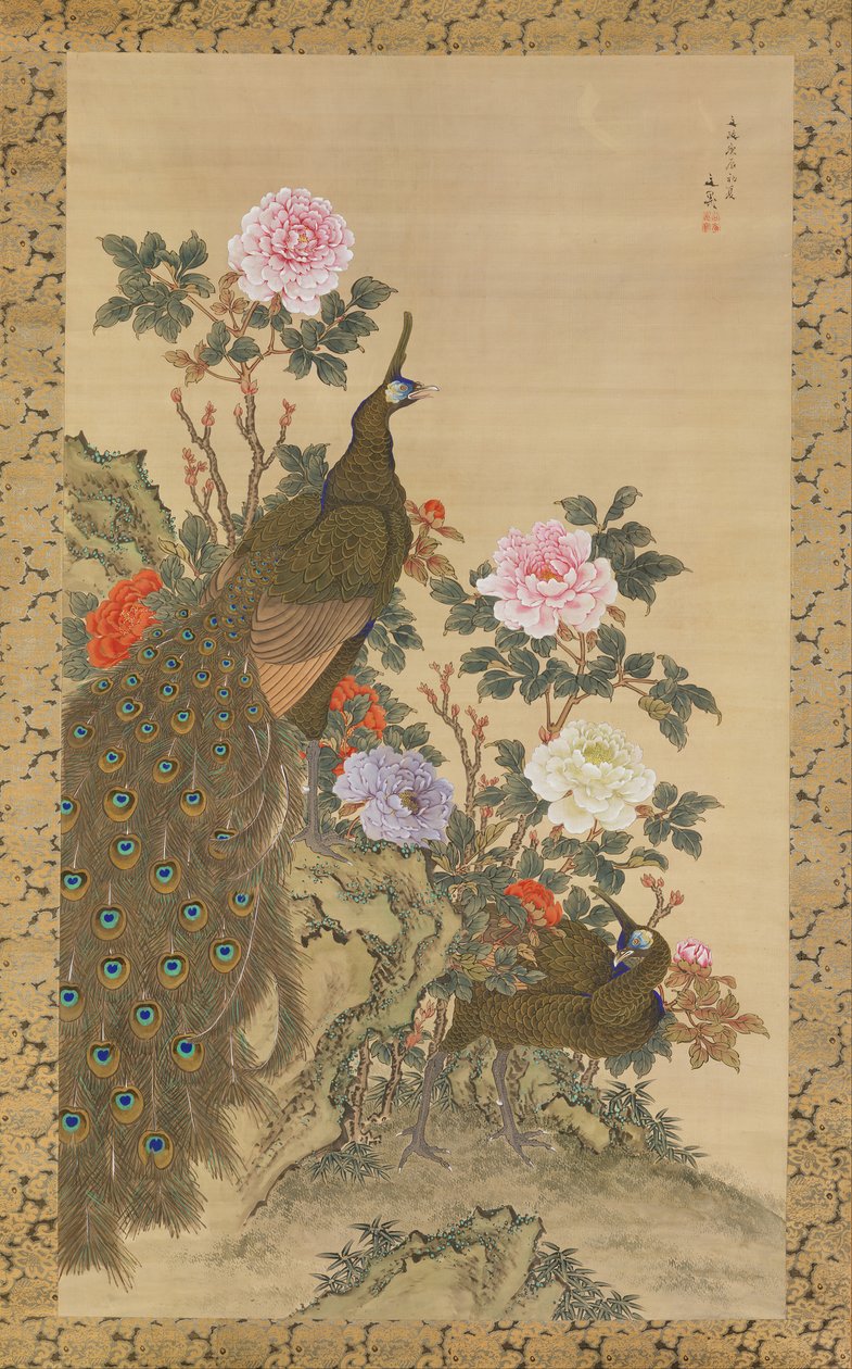 Påfåglar och pioner, 1820. av Tani Buncho