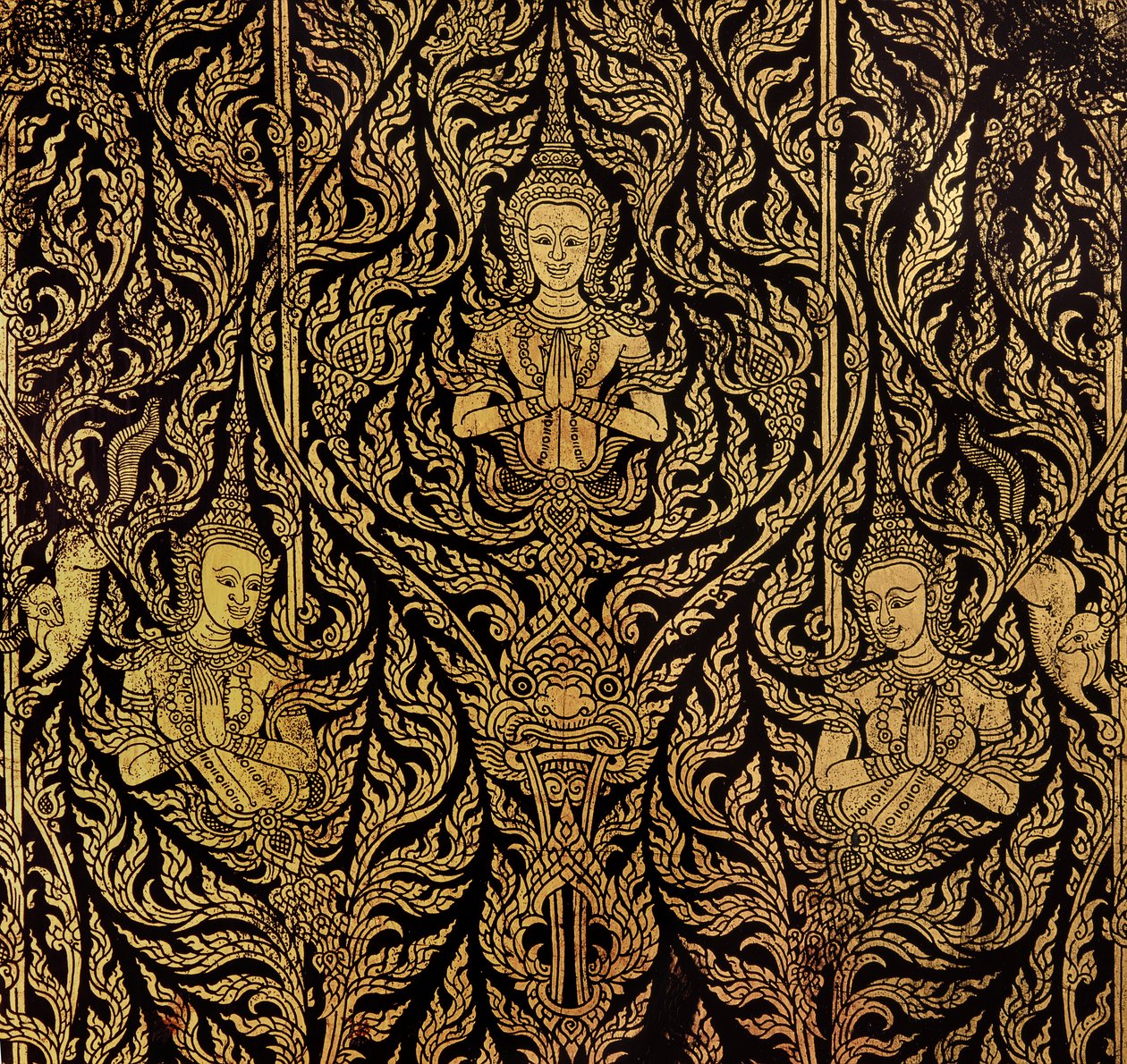 Detalj av ett skåp (lackerat trä) av Thai School