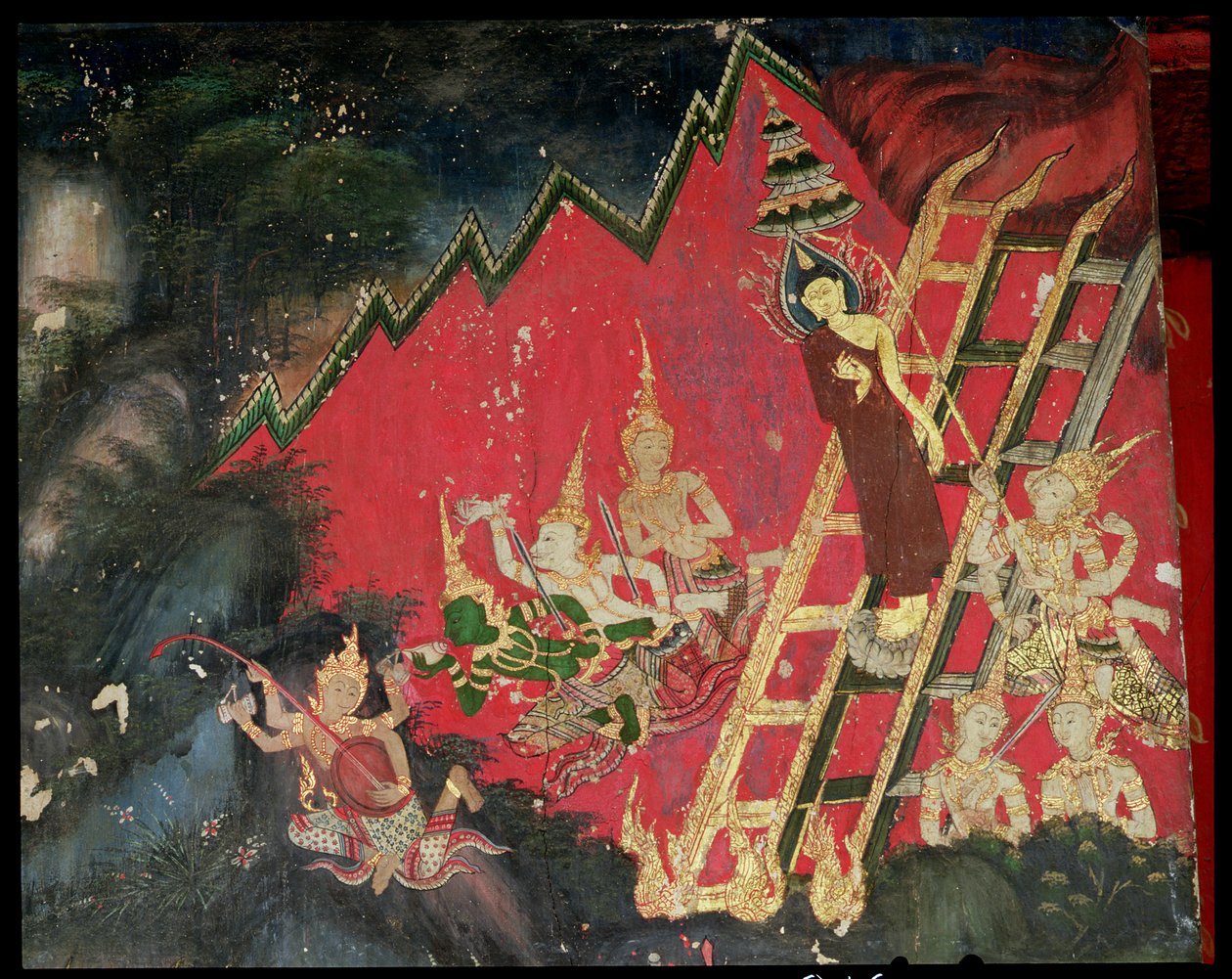 Buddha nedstigande från himlen (väggmålning) av Thai School