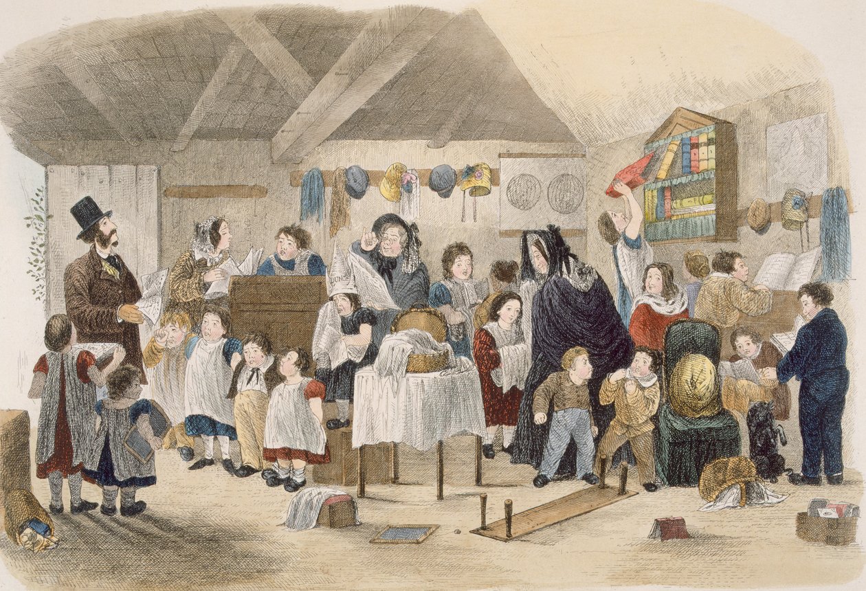 Besök på byskolan, illustration från Visitation of a London Exquisite to his Maiden Aunts in the Country, pub. Av W. Kent, London, 1859 av Theo