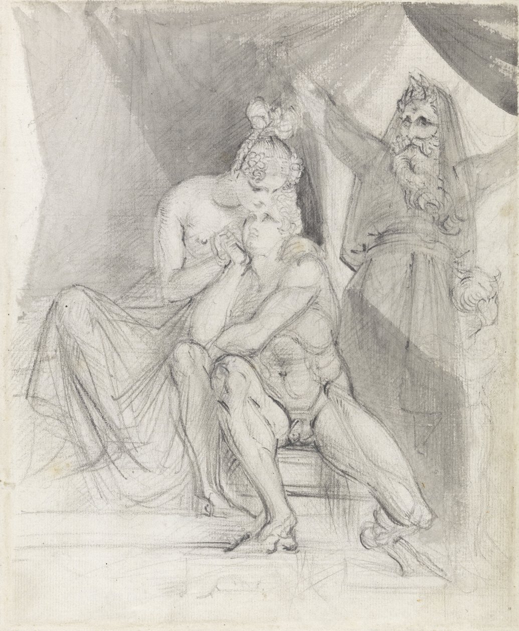 Prospero tittar på Ferdinand och Miranda, ca 1840 (grafit och tvätt på papper) av Theodor M. von Holst