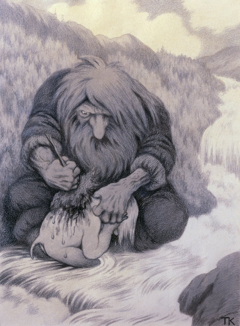 Trollet som tvättar sin unge av Theodor Kittelsen