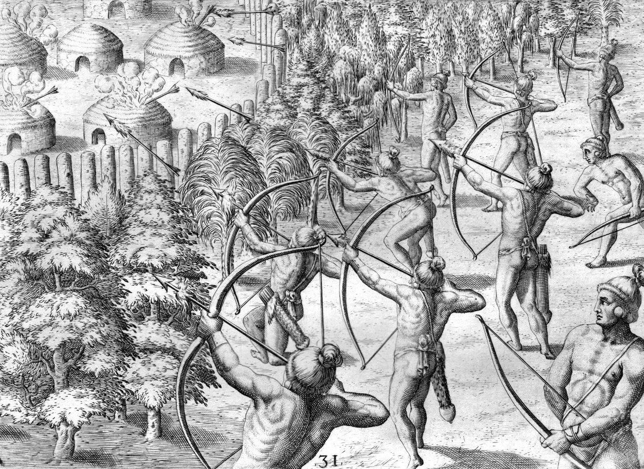 Attack av ett Potano-läger av Theodor de Bry