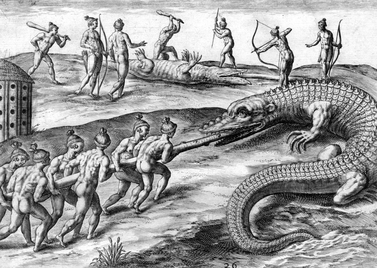 Timucuan-indianer jagar alligator av Theodor de Bry